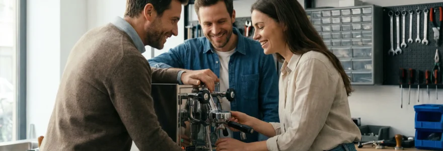 Client et technicien SAV examinant une machine à café expresso au comptoir