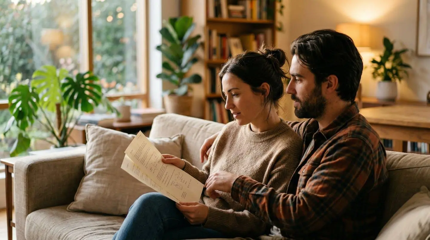 Un couple vu de trois-quarts dans un salon chaleureux, penchés ensemble sur un document posé sur la table basse