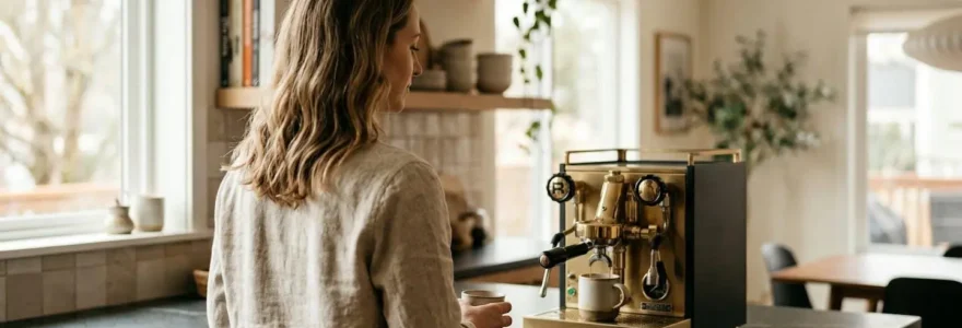 Une femme vue de dos dans une cuisine lumineuse, pensive devant sa machine à café expresso posée sur le plan de travail