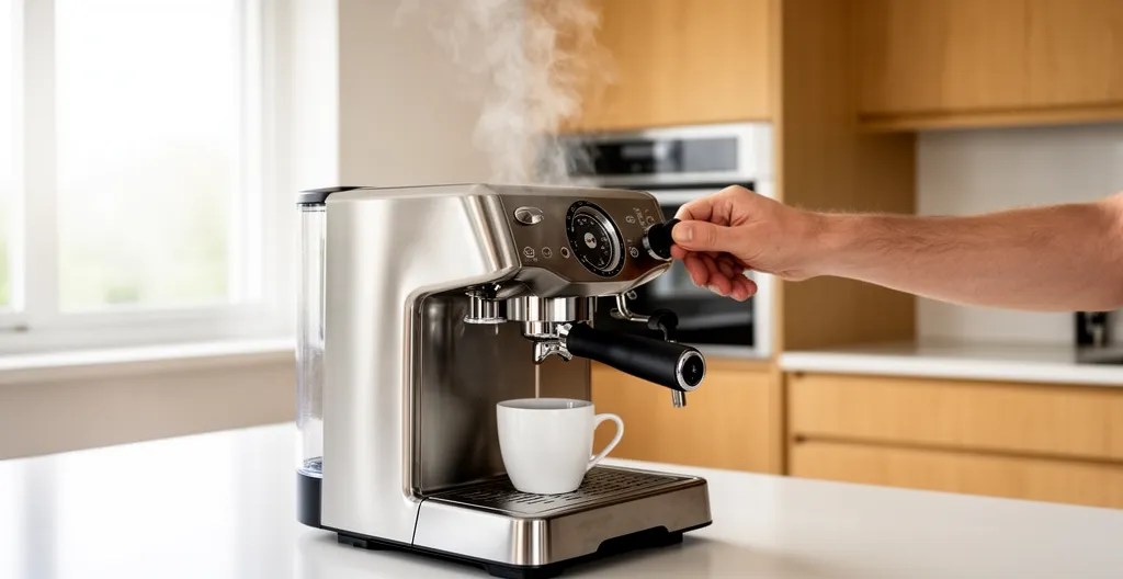 Machine à café expresso en fonctionnement dans une cuisine avec légère vapeur