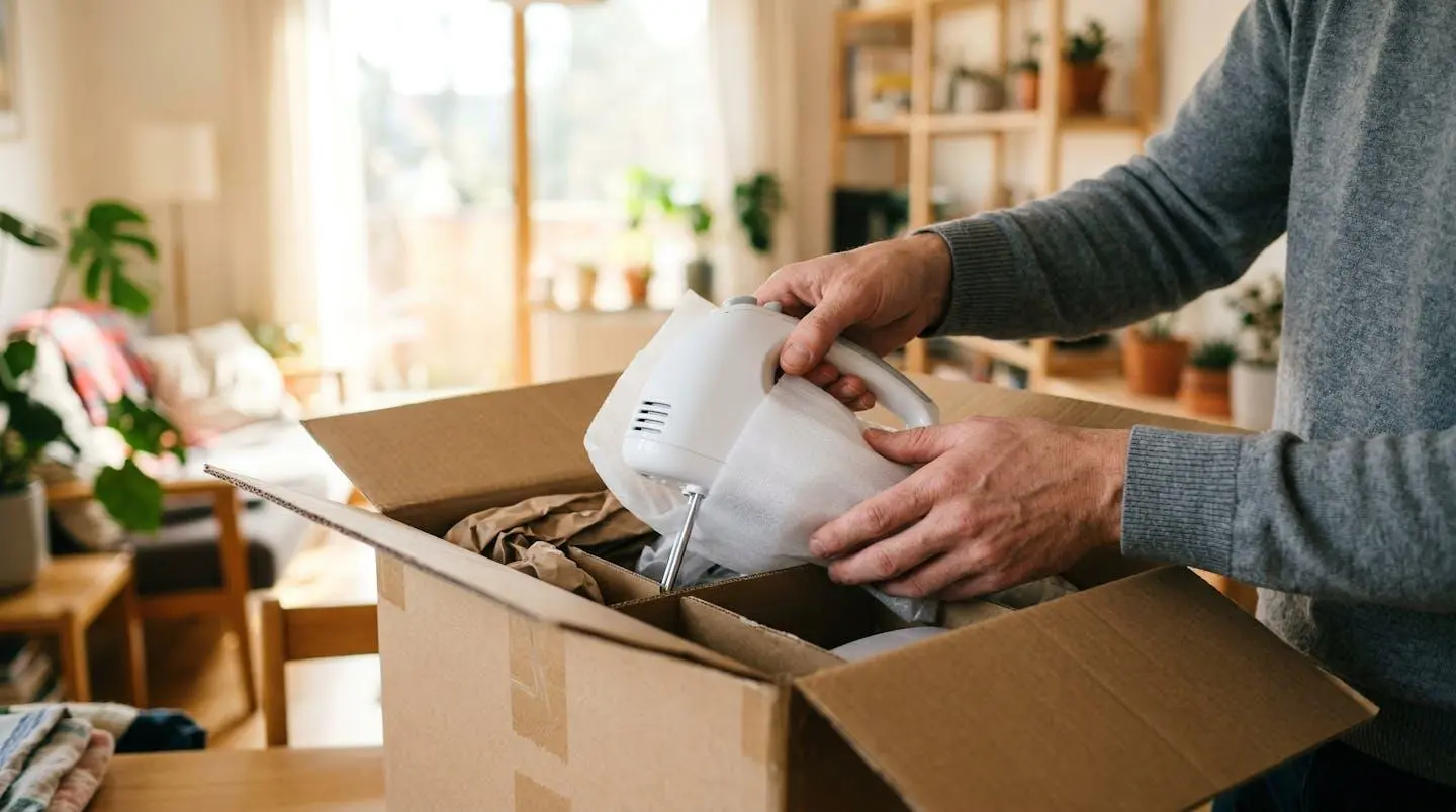 Des mains emballant soigneusement un petit appareil électroménager dans un carton kraft, préparation d'un colis pour envoi