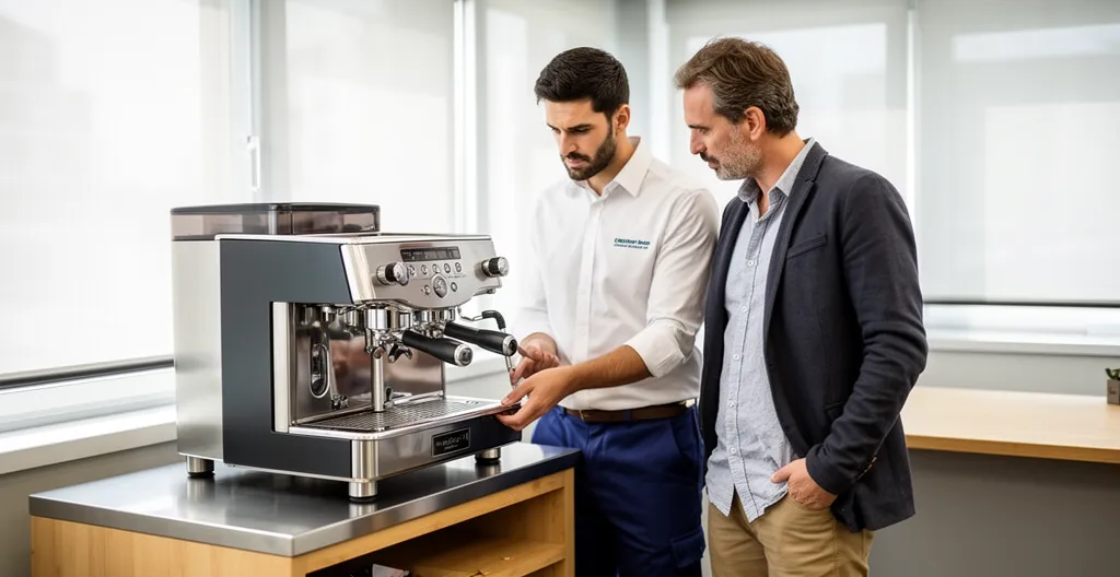 Technicien et client côte à côte dans un espace SAV examinant une machine à café