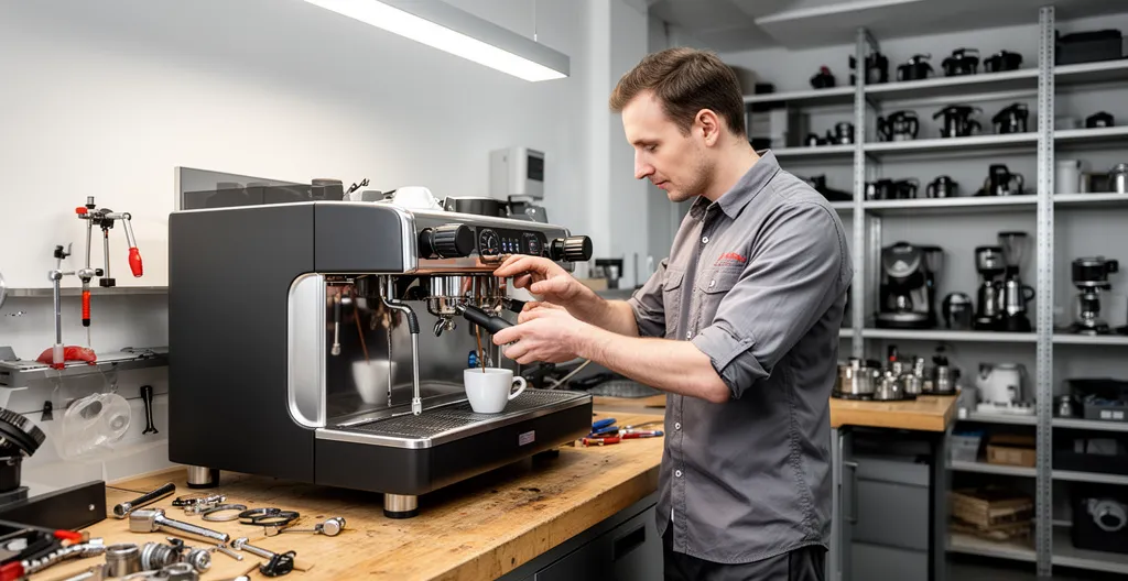 Technicien testant une machine expresso sur un établi d'atelier