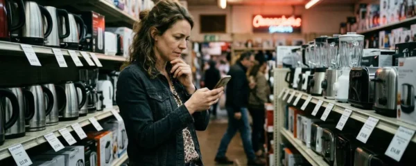 Une personne de dos consulte les étiquettes de prix d'un rayon électroménager en tenant son téléphone, l'air pensif