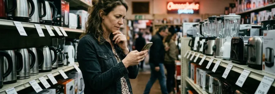 Une personne de dos consulte les étiquettes de prix d'un rayon électroménager en tenant son téléphone, l'air pensif