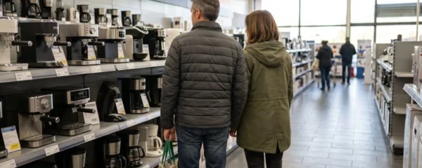 Deux personnes examinent une étiquette de prix sur une machine à café dans un magasin d'électroménager moderne