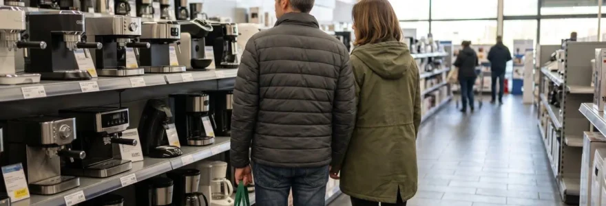 Deux personnes examinent une étiquette de prix sur une machine à café dans un magasin d'électroménager moderne