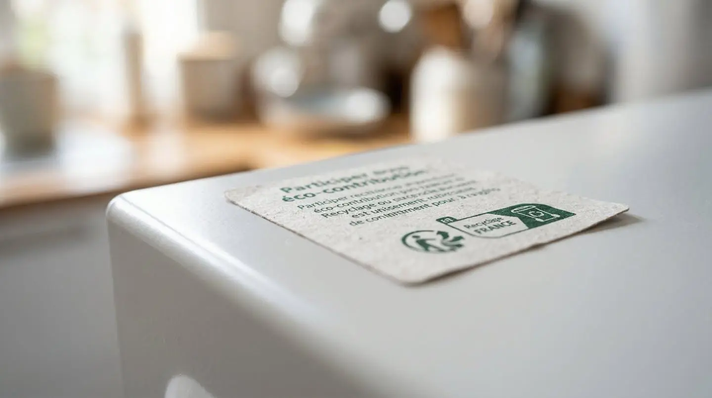 Gros plan sur une étiquette éco-participation collée sur la surface métallique blanche d'un appareil électroménager, avec arrière-plan flouté