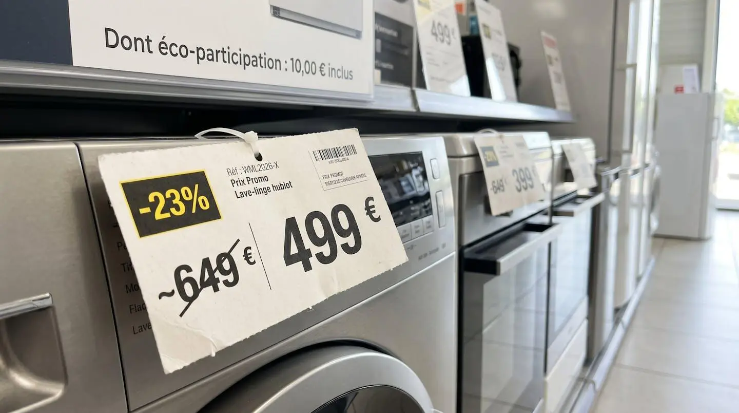 Gros plan sur une étiquette de prix promotionnel montrant un montant barré et un pourcentage de réduction