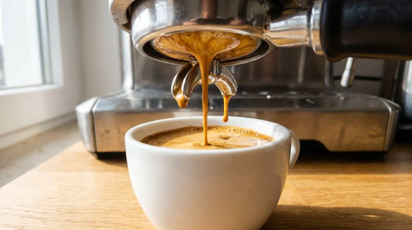 Gros plan sur des gouttes dorées de café expresso coulant du portafiltre dans une tasse blanche avec une texture de crema dense et dorée visible