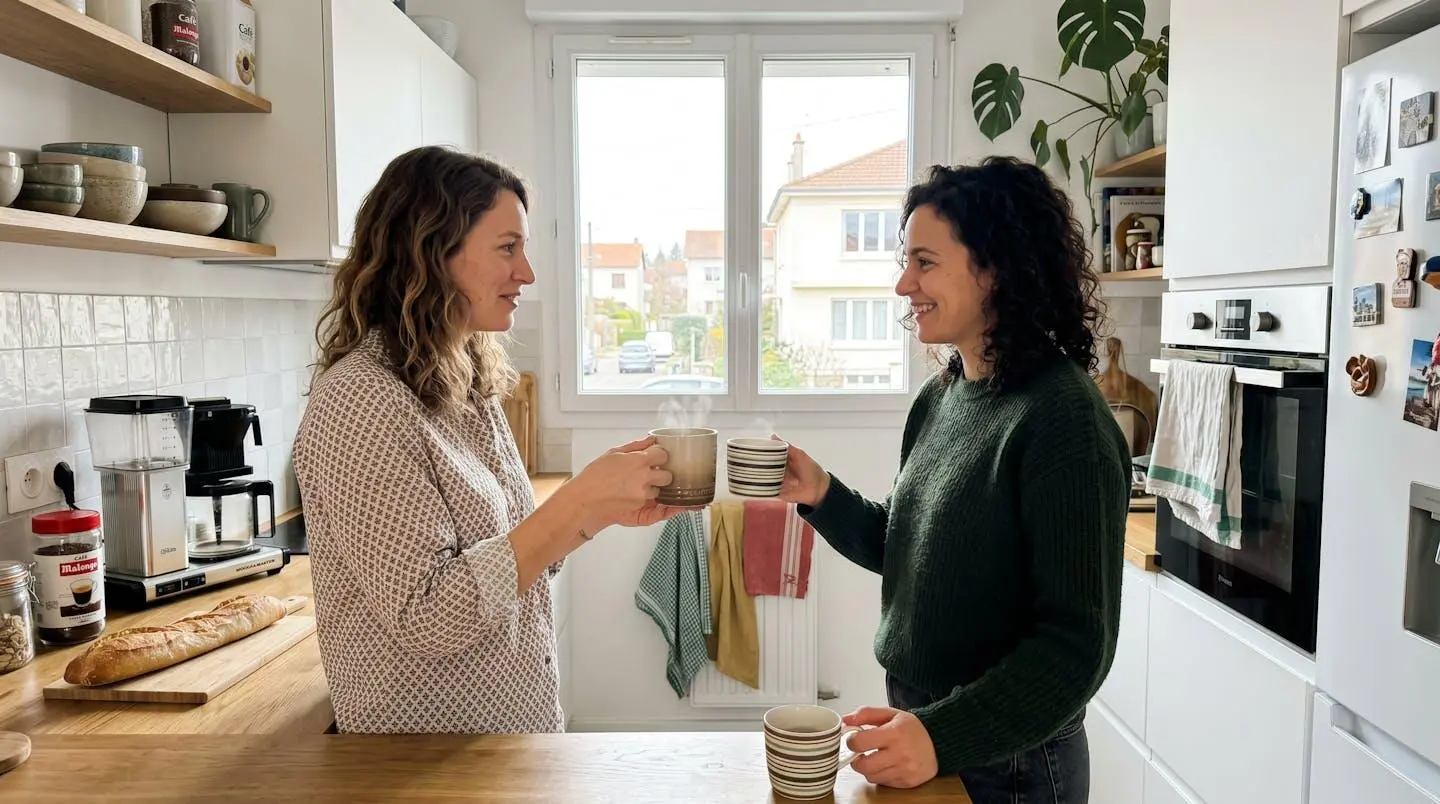 Deux personnes partagent un moment autour d'un café dans une cuisine moderne lumineuse, vues de côté dans un geste naturel de convivialité matinale