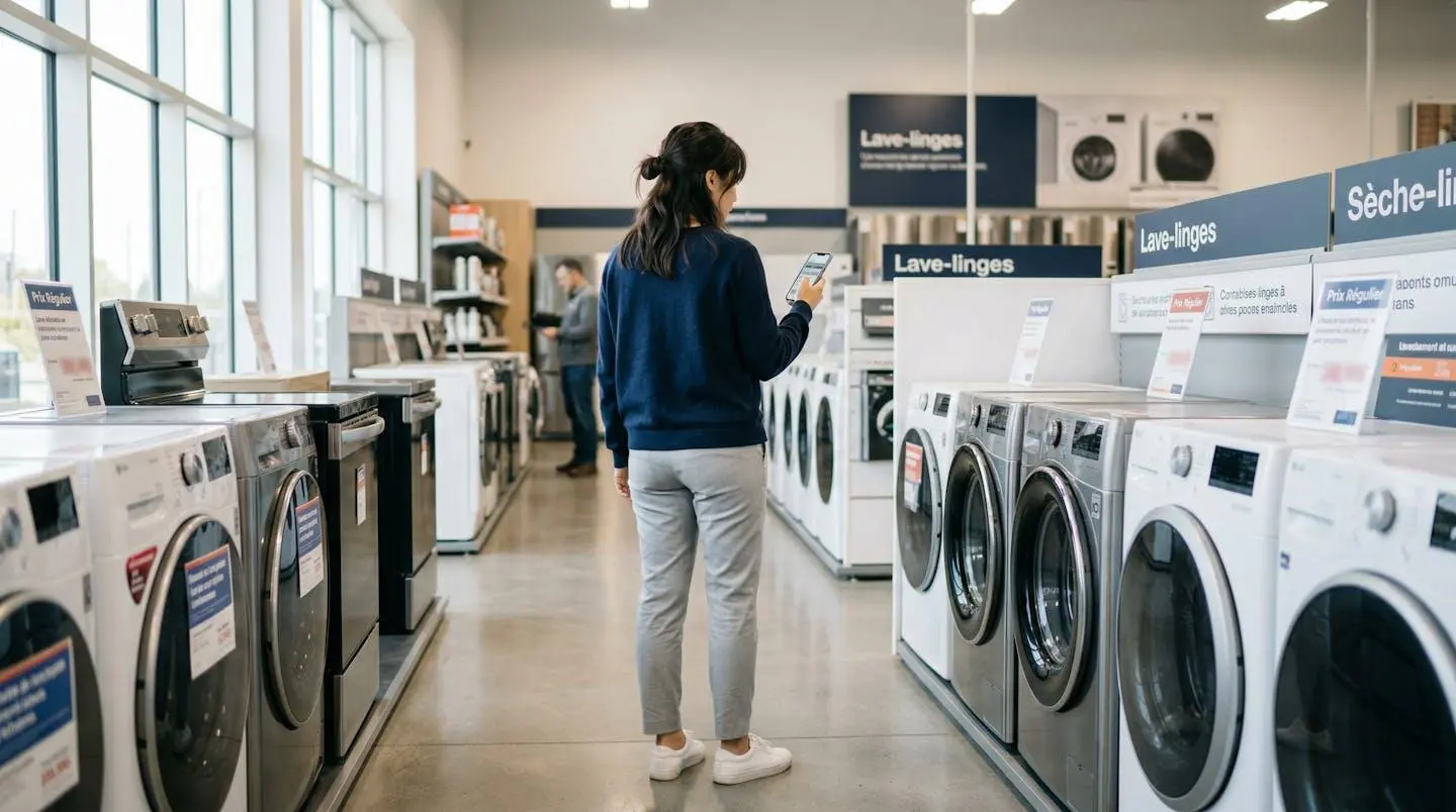 Personne vue de dos tenant un smartphone dans la main droite, debout dans un rayon électroménager moderne aux allées lumineuses