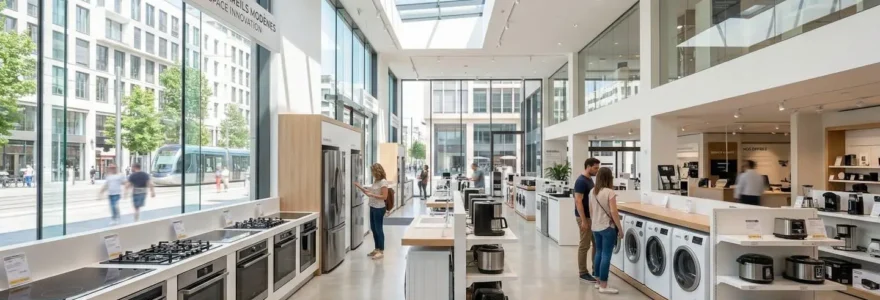 Rayon électroménager spacieux et lumineux d'un magasin contemporain avec allées larges, appareils exposés et étiquettes prix visibles en arrière-plan
