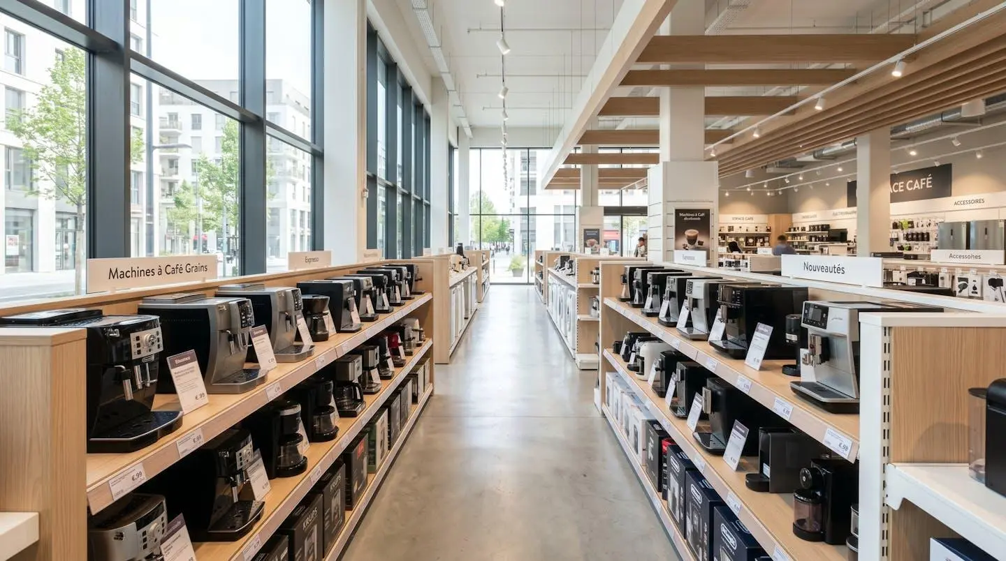 Vue en perspective d'un rayon de machines à café dans un grand magasin d'électroménager moderne et lumineux
