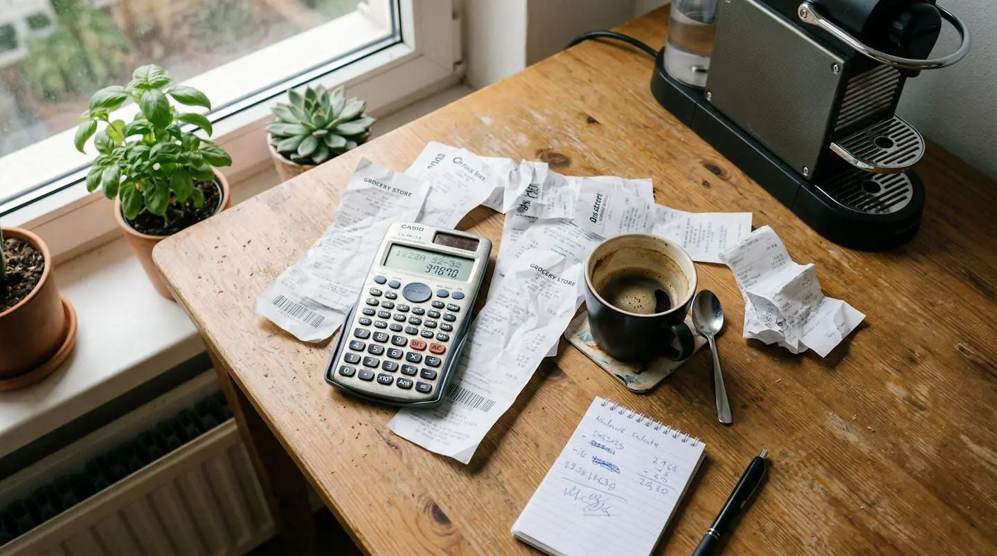 Vue plongeante sur une table de cuisine avec une calculatrice, quelques tickets de caisse froissés, une tasse de café et le coin d'une machine à café