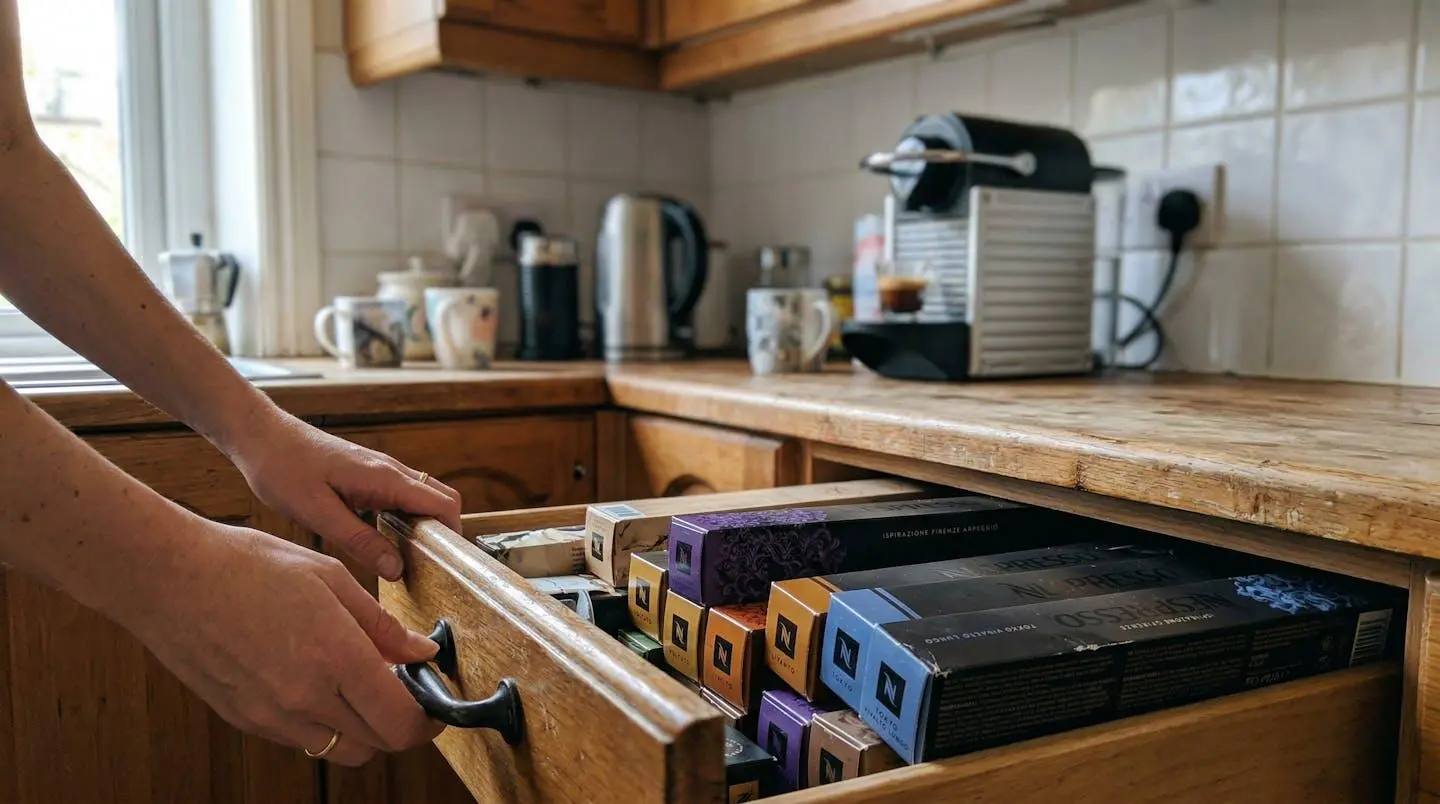 Des mains ouvrent un tiroir de cuisine rempli de boîtes de dosettes de café, avec une machine à café visible en arrière-plan flou